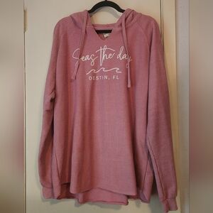 Pink Hooded Ribbed Sweatshirt with Graphic Print "Seas the Day, Destin FL"